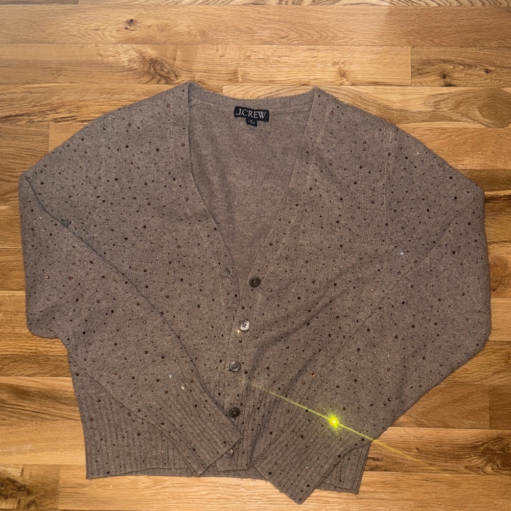 J. Crew Cropped Cardigan • Neutral Brown • Rhinestone Detail • Cozy Knit